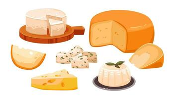 A set of different types of cheese. Dairy products. Organic homemade food. Cartoon vector illustration