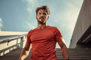 Feeling confident. Half-length portrait of young african-american man in sports clothing looking away while standing outdoors. Generative AI photo