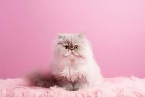 White persian cat on pink background with copy space. Studio shot. Generative AI photo