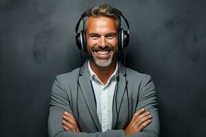 sonriente empresario escuchando a música en auriculares. de los hombres belleza, moda. generativo ai foto