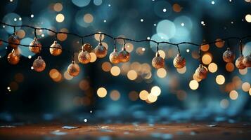 Christmas garland bokeh lights over Golden blue background AI Generated photo