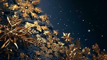 Christmas garland bokeh lights over Golden blue background AI Generated photo