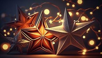 Christmas garland bokeh lights over Golden blue background AI Generated photo