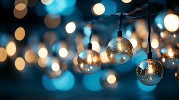 Christmas garland bokeh lights over Golden blue background AI Generated photo