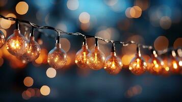 Christmas garland bokeh lights over Golden blue background AI Generated photo