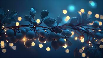 Christmas garland bokeh lights over Golden blue background AI Generated photo