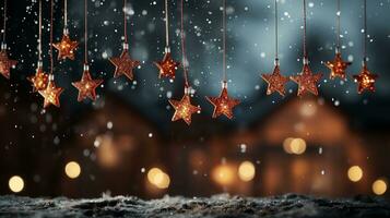 Christmas garland bokeh lights over Golden blue background AI Generated photo