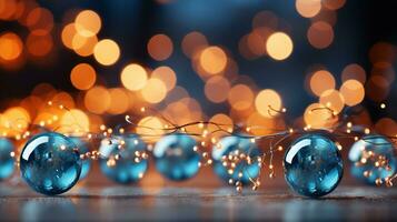 Christmas garland bokeh lights over Golden blue background AI Generated photo