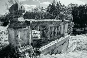 Ancient parapet and staircase concept photo. Castle ruins terrace view. Ruined ancient palace in Ukraine. photo