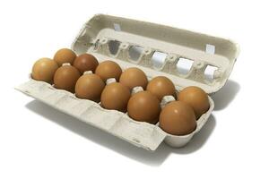 An egg carton container, with a dozen brown eggs. Isolated on a white background. Eco products concept. photo