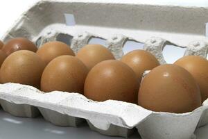 An egg carton container, with a dozen brown eggs. Isolated on a white background. Eco products concept. photo