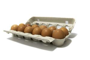 An egg carton container, with a dozen brown eggs. Isolated on a white background. Eco products concept. photo