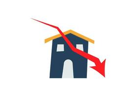 Real estate crisis concept. Small home with drop-down arrow red graph on white background. Decline business and property prices. vector