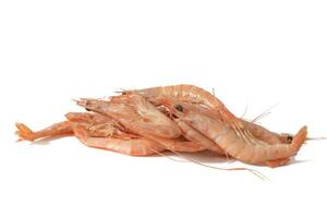 White prawns from Huelva, isolated on white background.White prawns from Huelva are a marine delicacy known for their mild and sweet flavor, freshness and delicate texture. Spanish food concept. photo