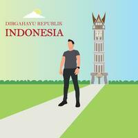 Vector illustration of a man standing in front of Padang Tower.