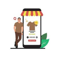 en línea compras concepto. vector ilustración en plano estilo. hombre comprando ropa en línea.