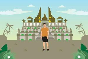 Traveler man in front of the temple. Vector illustration in flat style