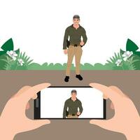 selfie de un hombre con un móvil teléfono. vector ilustración.