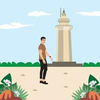 Man standing in front of the lighthouse. Vector illustration in flat style