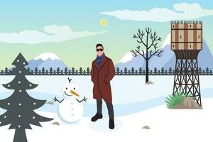 Vector illustration of a man in a coat and sunglasses with a snowman on a background of mountains.