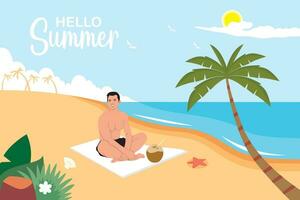 Hola verano letras con un hombre en el playa. vector ilustración