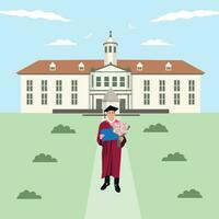 Graduate with books in front of the school. Vector illustration.