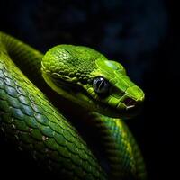 de cerca retrato de verde serpiente en negro fondo, generativo ai foto