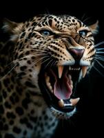 cerca arriba retrato de un leopardo con un rugido expresión. generativo ai foto