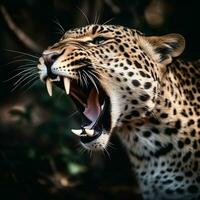 close up portrait of a leopard with a roaring expression. generative ai photo