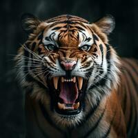 cerca arriba retrato de un rugido tigre, generativo ai foto