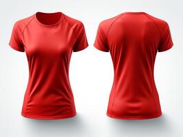 Plain red women's t-shirt mockup design, front and back view, isolated on white background, generative ai photo