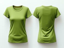 Plain green women's t-shirt mockup design, front and back view, isolated on white background, generative ai photo