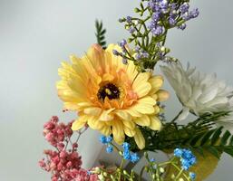 Close up beautiful and pretty various colorful artificial flowers and leaves type for living room indoor coffee table decoration. Object photography isolated on plain background. photo