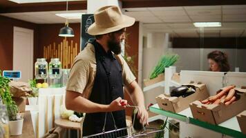 Encargado de tienda llegando en verde vivo bio supermercado con recién cosechado granja crecido alimento. vendedor reabastecimientos local barrio tienda de comestibles tienda con pesticidas gratis éticamente de origen vegetales video