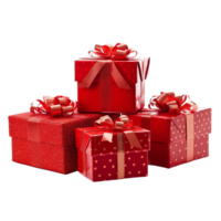 Red Christmas gift boxes with gold ribbon on transparent background. AI Generative png