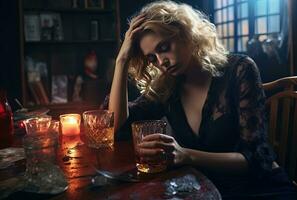 Young beautiful woman drinking alcohol. Alcohol abuse social problem. AI Generative photo