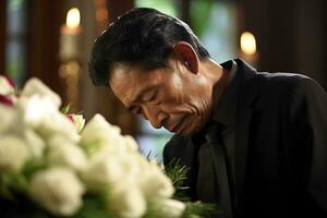 Elderly asian man with funeral sorrow and flowers in church AI generated photo