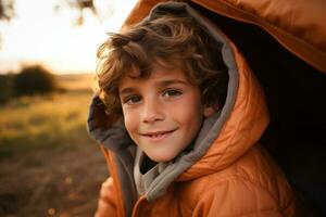 Portrait of a cute boy looking at camera while near his tent in nature AI generated photo