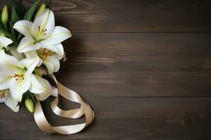 White lily flowers on wooden background. Top view with copy space.Funeral Concept AI generated photo