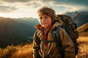 adorable pequeño chico con mochila excursionismo en montañas a puesta de sol. viaje y activo estilo de vida concepto ai generado foto