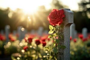 rojo rosas en un tumba a un cementerio durante el puesta de sol con Copiar espacio ai generado foto