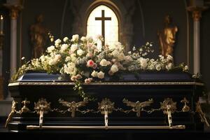 closeup shot of a casket in a hearse or chapel before funeral or burial at cemetery AI generated photo
