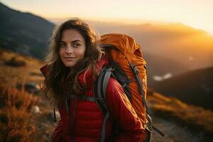 Beautiful woman hiker with backpack hiking in the mountains at sunset AI generated photo