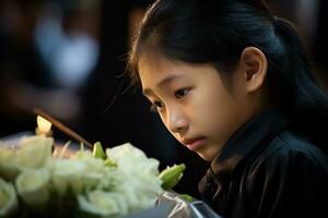 Portrait of a little asian girl with in the cemetery,Funeral Concept AI generated photo