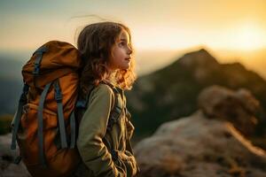 pequeño niña con mochila excursionismo en montaña pico a atardecer, viaje y aventuras concepto ai generado foto