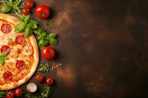 Pepperoni pizza on a Dark background. Top view with copy space. AI generated photo