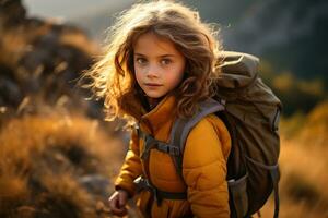 pequeño niña con mochila excursionismo en montaña pico a atardecer, viaje y aventuras concepto ai generado foto