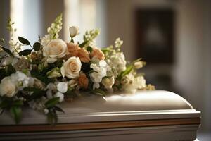 White coffin with flowers. The concept of funeral. AI generated photo
