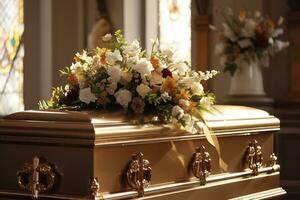 hermosa flores en un ataúd a un funeral ai generado foto