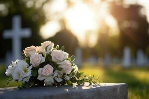 white flowers in front of a gravestone at a cemetery with sunset.Funeral Concept AI generated photo